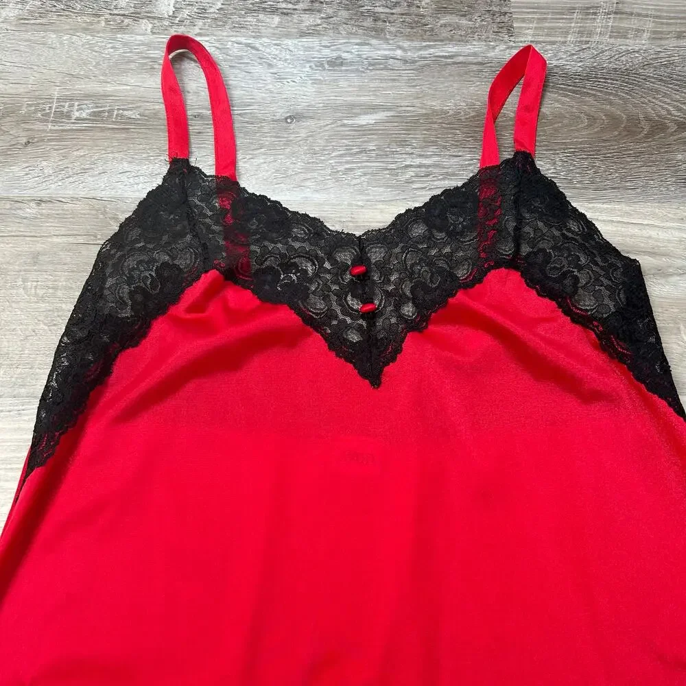 Vintage 90s Avon Red Satin Slip Dress Black Lace Mini Small - Picture 3 of 6